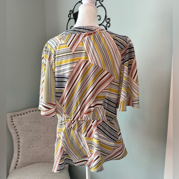 M luxology yellow abstract faux wrap peplum top wood buttons boho shirt retro - Picture 2 of 5